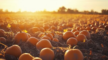 Obraz premium pumpkin patch during harvest season,, with a golden sunset, autumn mood
