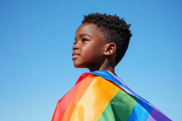 African american child wearing rainbow flag. Pride for LGBT.
