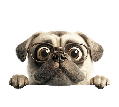 A cute pug wearing round glasses peeks over a white surface with a curious expression.