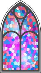 Gothic church window. Cathedral arch frame with stained glass. Medieval catholic architecture old shape. Vintage color mosaic