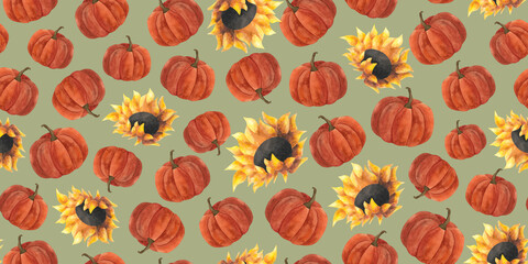 Watercolor pumpkin and sunflower seamless pattern Autumn 2024 Harvest festival decoration Ripe gourd Thanksgiving design Halloween Wrapping wallpaper textile print Squash vegetable Green background