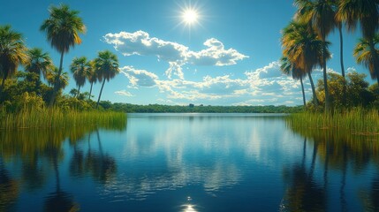Tranquil Palm Trees Reflecting on a Serene Lake