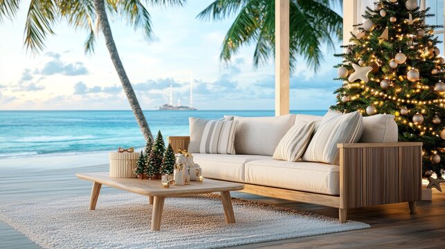 A serene beachside setting featuring a cozy lounge sofa, a festive Christmas tree, and tropical palm trees against a backdrop of blue ocean and sky.