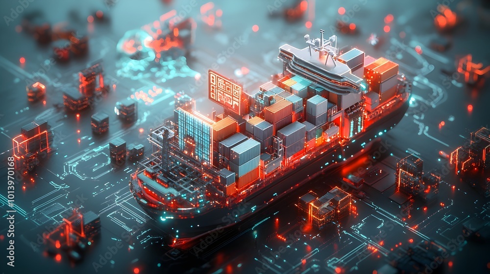 Poster futuristic container ships and massive cargo vessels utilizing cutting edge automation and ai driven