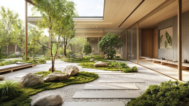 A modern holistic wellness center with zen gardens, meditation areas, and natural materials creating a peaceful retreat