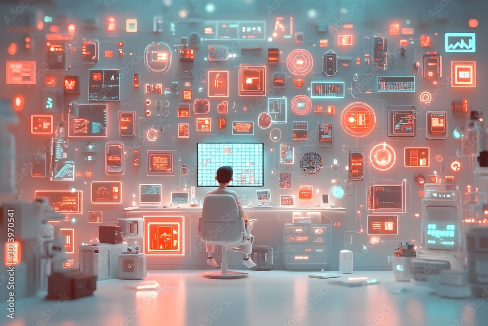 Poster futuristic data driven world with levitating information cubes luminous wireframe architecture and a