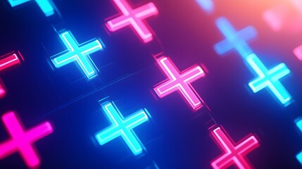 Obraz premium Medical health background with blue cross neon light shapes in a pattern, representing healthcare technology and science