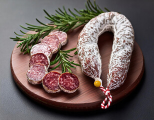 Spanish salami sausage  with rosemary on a round wooden cutting board on grey background