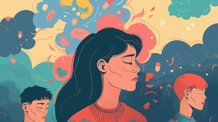 A visual of people finding ways to manage chronic sadness through therapy, medication, and support systems.