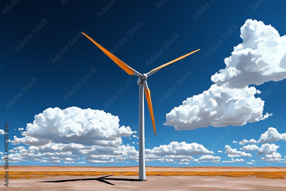 Poster Single windmill standing in an open field, drawn in minimalist style with soft colors and a simple background
