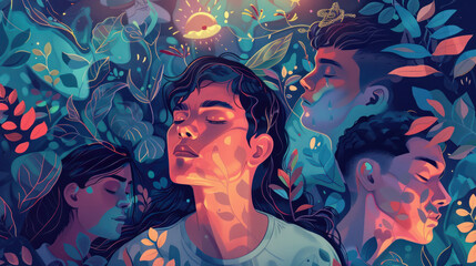 A visual of people using different methods, such as talking with friends or meditating, to deal with sadness.