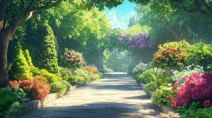 Fototapeta premium A picturesque pathway through a lush garden, lined with vibrant flowers and blooming trees. The sun shines through the foliage, casting a warm glow on the scene.