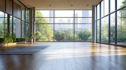 Fototapeta premium A modern yoga studio with floor-to-ceiling windows, minimalist design, and sustainable bamboo flooring
