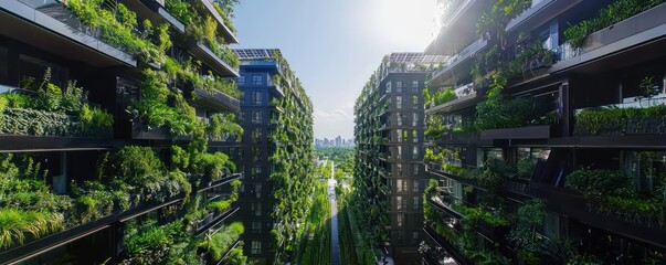 Obraz premium A panoramic shot of a luxury residential complex with each apartment featuring its own vertical garden and solar energy system