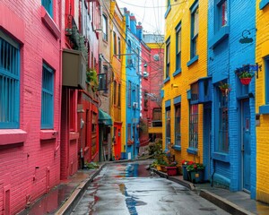 Fototapeta premium Foreign language learning with vibrant scenes, educational and enriching, Urban, Bright hues, Photograph, Linguistic exploration