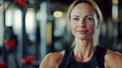 Fototapeta premium Middle-aged woman working out at the gym, highlighting fitness and health in an active exercise routine