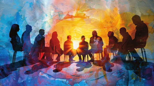 A visual of support groups helping individuals process grief and move through sadness with compassion.