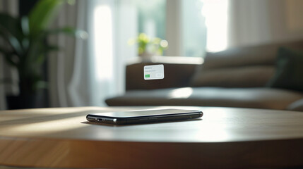 A close shot of a phone hovering above a table, with a notification popping up on the screen while suspended.