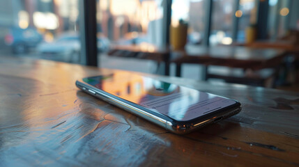 A close shot of a phone hovering above a table, with a notification popping up on the screen while suspended.