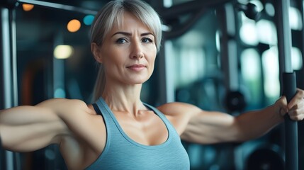 Fototapeta premium Middle-aged woman working out at the gym, highlighting fitness and health in an active exercise routine
