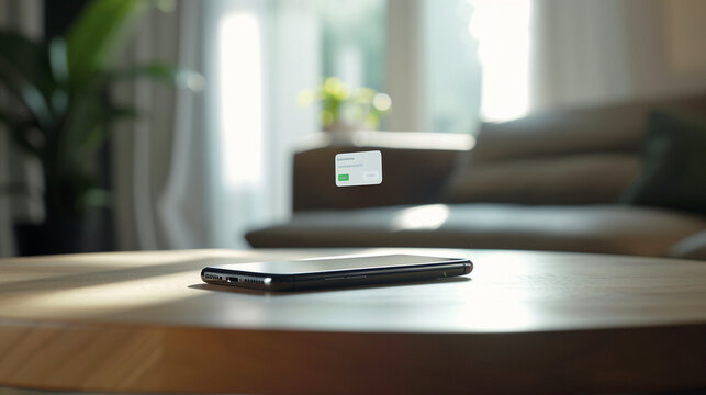 A close shot of a phone hovering above a table, with a notification popping up on the screen while suspended.