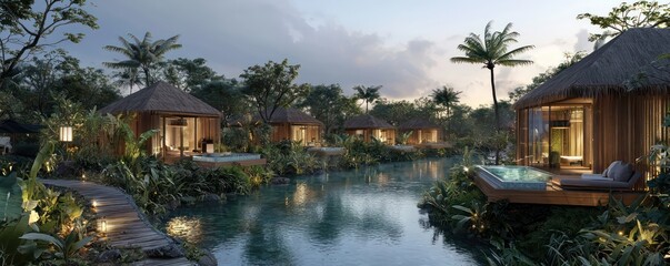 A panoramic view of a luxury resort where each villa is designed with a private bio-pool, blending naturally into the surrounding landscape