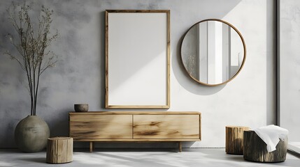 Minimalistic interior with a wooden framed poster, a round mirror, and wooden furniture against a gray background