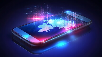 Fototapeta premium Mobile global internet communications showcasing the World Wide Web on a smartphone, utilizing wireless satellite network technology and cloud services.