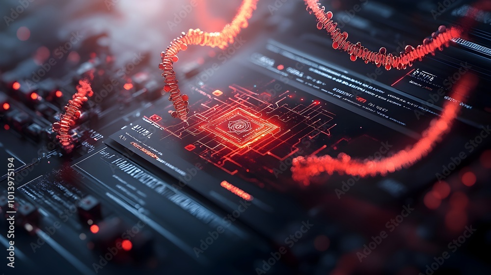 Poster sleek futuristic 3d visualization of a blockchain driven biotechnology solution showcasing the power