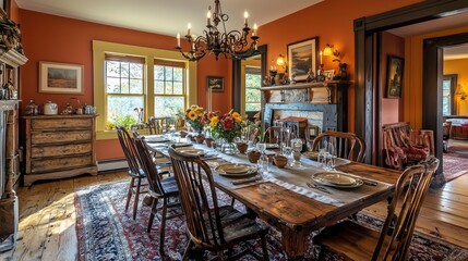 A rustic bed and breakfast dining room with a large farmhouse table, antique decor, and warm, welcoming colors