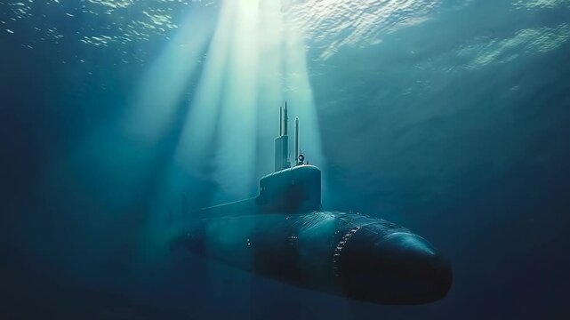 A submarine travels silently through the deep, dark waters of the ocean. Its sleek frame cuts through the murky blue expanse, evoking themes of exploration and military operations in underwater