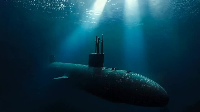 A large submarine, likely military, moves stealthily through the deep ocean. Sunlight partially illuminates the scene from above, creating a mysterious and explorative mood. The submarine's periscope