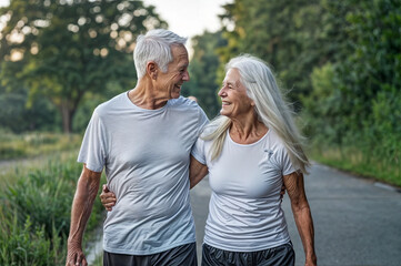 Naklejka premium mature senior happy couple walking closely together morning walk after retirement 