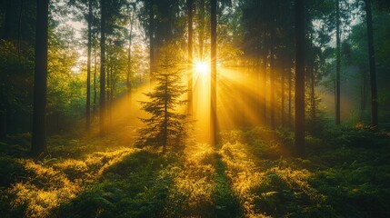 Sun shining through fog and trees in magical forest at sunrise