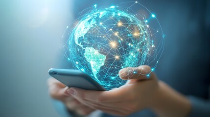 Mobile global internet communications showcasing the World Wide Web on a smartphone, utilizing wireless satellite network technology and cloud services.