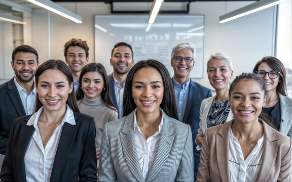 portrait of diverse group of business professional employees, modern mutli ethnic team men women black white younger older senior brown standing together for collabration and planning