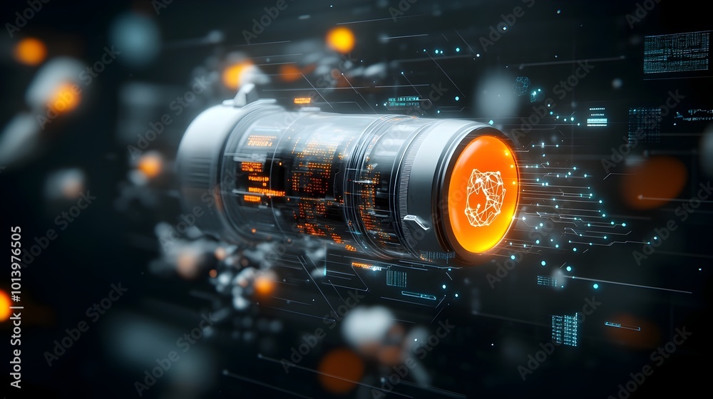 Poster intricate 3d model showcasing the of blockchain and dna based data storage technology within a sleek