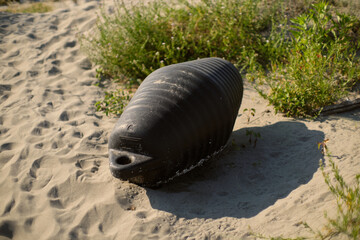 Black buoy on a sandy beach in Pellestrina island , Venice, Italy
