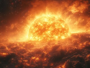 Obraz premium celestial depiction of the sun in space radiating warm light through a vast expanse of darkness symbolizing energy life and the beauty of the cosmos with vibrant colors and ethereal effects