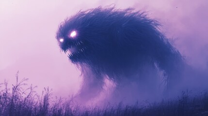 Fototapeta premium A shadowy, hairy monster emerges from the mist with glowing eyes and bared teeth.