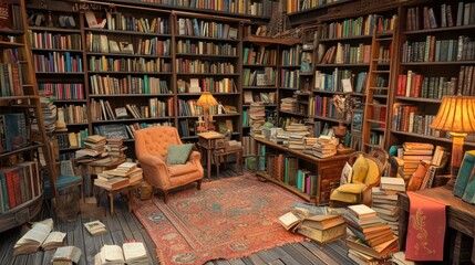 A vintage bookshop with cozy reading nooks, antique furniture, and shelves packed with rare and used books