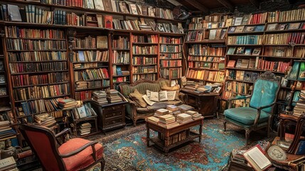 A vintage bookshop with cozy reading nooks, antique furniture, and shelves packed with rare and used books