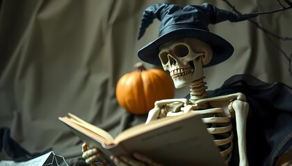 Skeleton in a witch's hat reading a book with a pumpkin in the background
