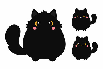 Black cat emotions sticker set. Fluffy fat cat cartoon style. Black Halloween kitten. Hand drawn vector illustration isolated on white background.