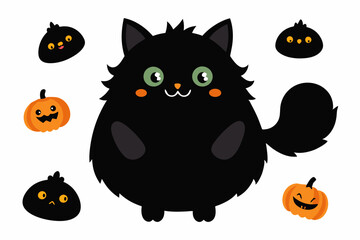 Black cat emotions sticker set. Fluffy fat cat cartoon style. Black Halloween kitten. Hand drawn vector illustration isolated on white background.
