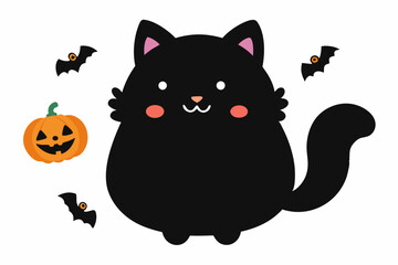 Black cat emotions sticker set. Fluffy fat cat cartoon style. Black Halloween kitten. Hand drawn vector illustration isolated on white background.