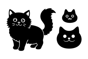 Black cat emotions sticker set. Fluffy fat cat cartoon style. Black Halloween kitten. Hand drawn vector illustration isolated on white background.
