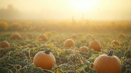 Pumpkin patch during harvest season, a foggy morning with dew-covered pumpkins , eerie atmosphere