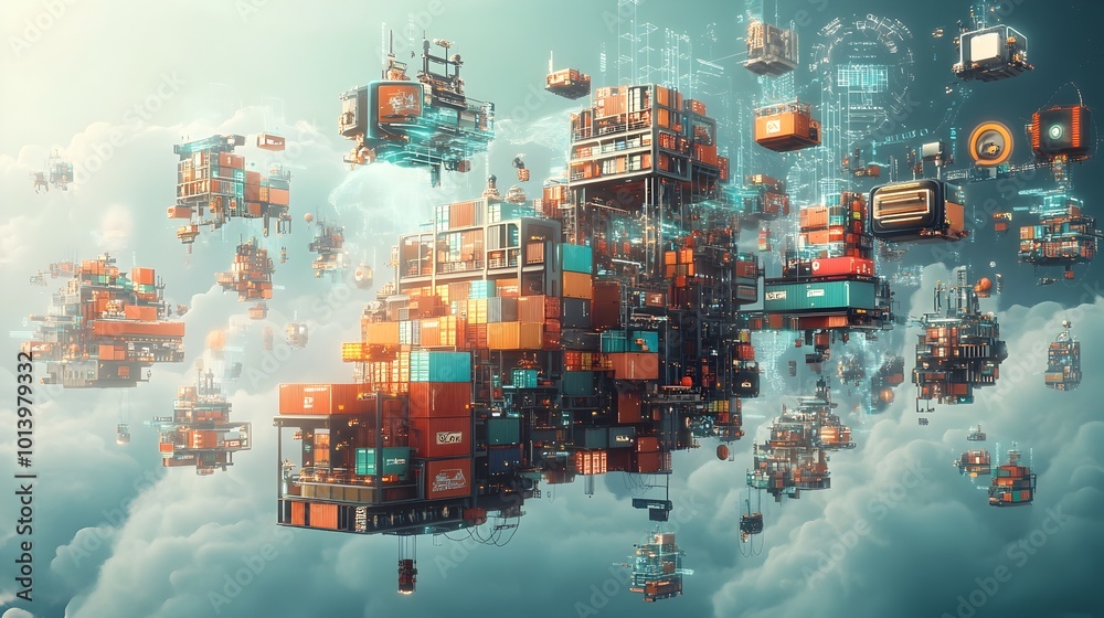 Poster Futuristic container ships and cargo vessels utilizing cutting edge automation and AI driven systems orchestrating efficient global logistics across vast distribution networks