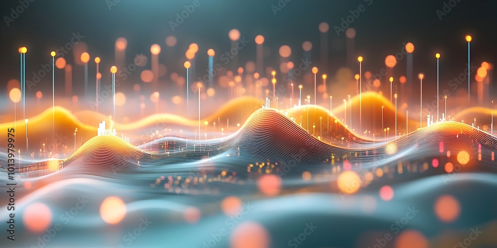 Poster futuristic digital data visualization featuring undulating geometric forms pulsing data streams and 